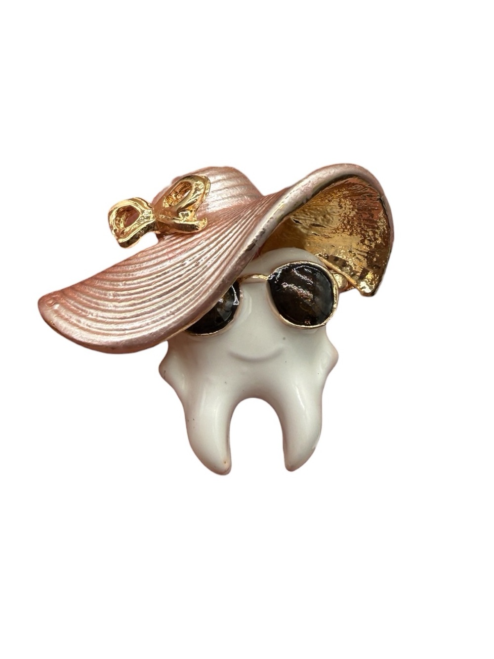 Tooth Brooch/Pin with Pink Hat and Sunglasses on Gold-Tone - Picture 3 of 6